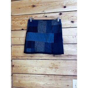 Handmade Blue Patchwork Mini Skirt Wool Cotton Blend Boho Upcycled Size S M